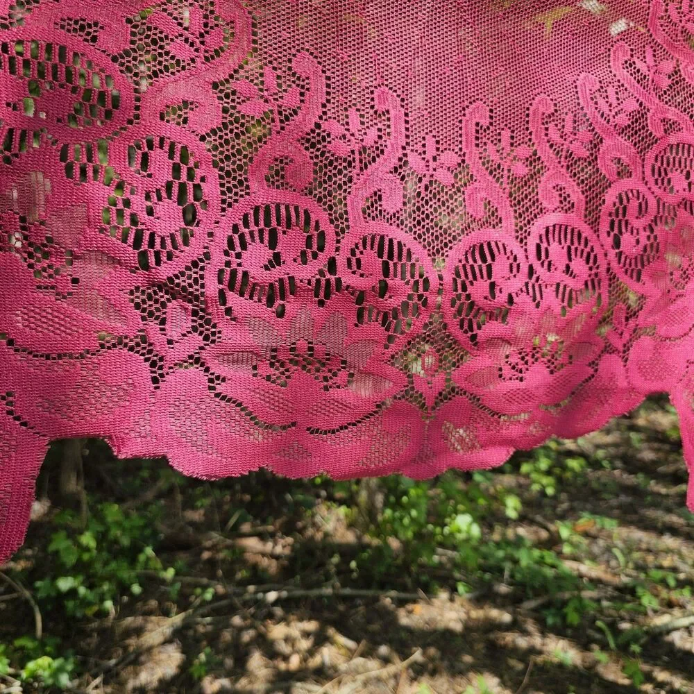 Vintage Cranberry Floral Lace Valance Curtain Panel Cottagecore Shabby Chic